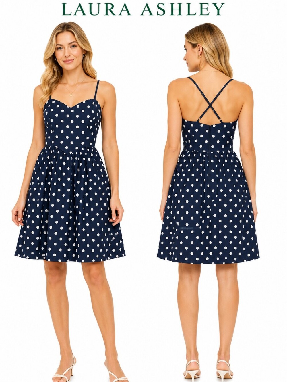 Laura Ashley Vintage Polka Dot Cotton Sundress Women Navy White Size US 10